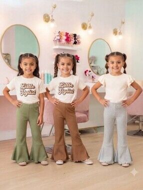 Girls Ribbed Ruffle Flare Bell Bottoms Pants 3Pack Set Fall Wear Holiday- Sz 130